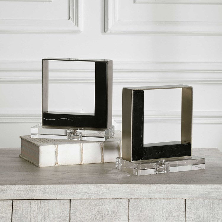 Uttermost Tilman Brushed Nickel and Black Marble Modern Bookends - Image 1