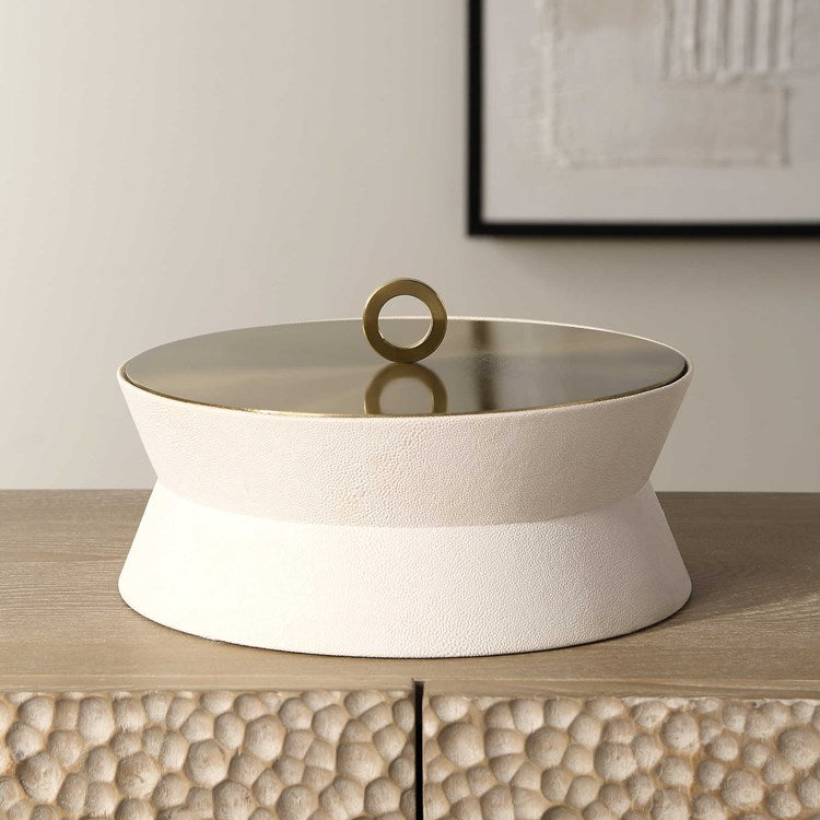 Uttermost Luxe White Faux Shagreen Round Decorative Box - Image 1