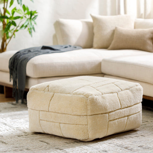 Surya Jakob Modern Hand Knotted Shag Ivory Pouf Ottoman JOPF-002