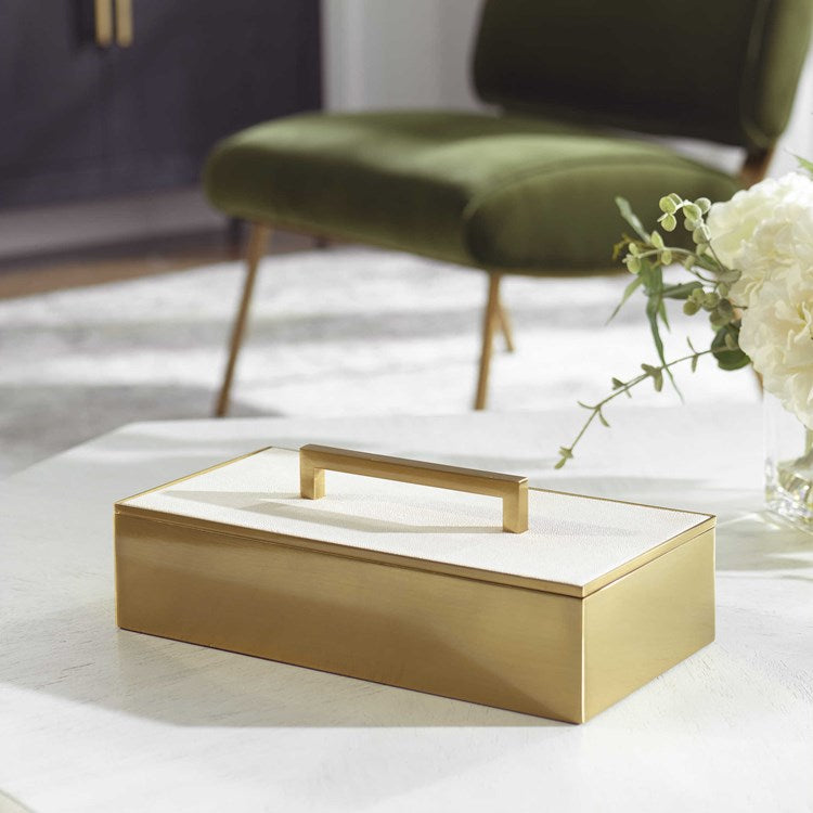 Uttermost Wessex Brass and White Faux Shagreen Modern Decorative Box - Image 1