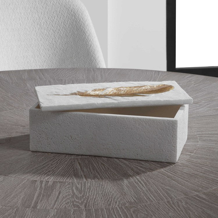 Uttermost Nephele Aged White with Gold Leaf Feather Decorative Box - Image 2