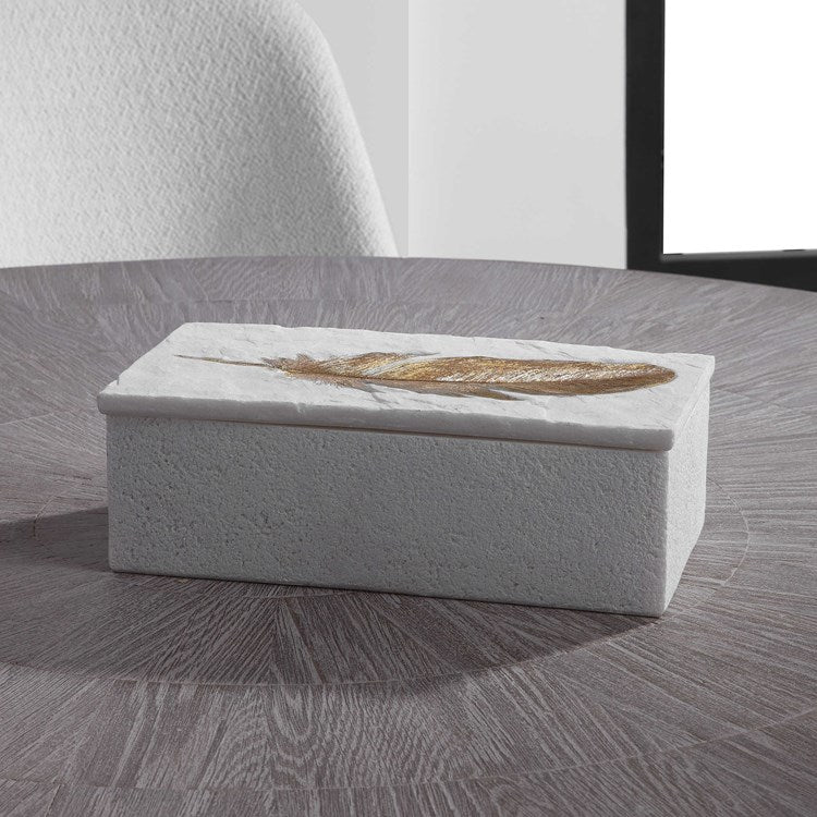 Uttermost Nephele Aged White with Gold Leaf Feather Decorative Box - Image 1