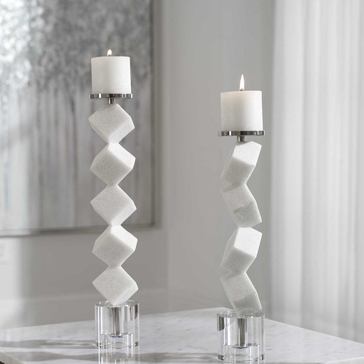 Uttermost Casen Sculptural Ivory Stone and Crystal Set of 2 Candle Holders ~ Candles Included - Image 1