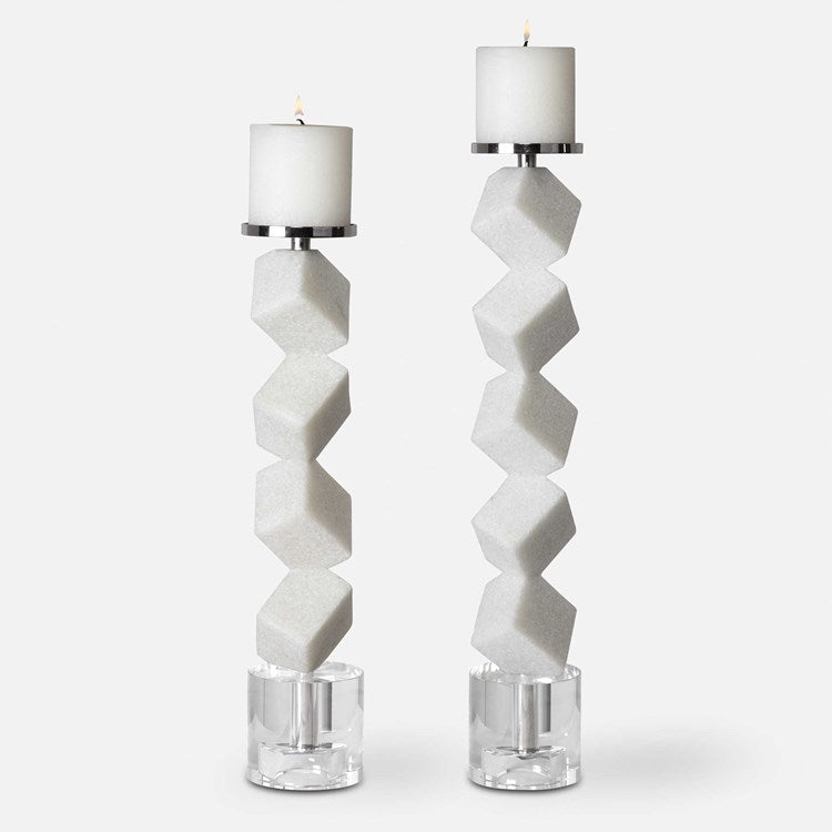 Uttermost Casen Sculptural Ivory Stone and Crystal Set of 2 Candle Holders ~ Candles Included - Image 2