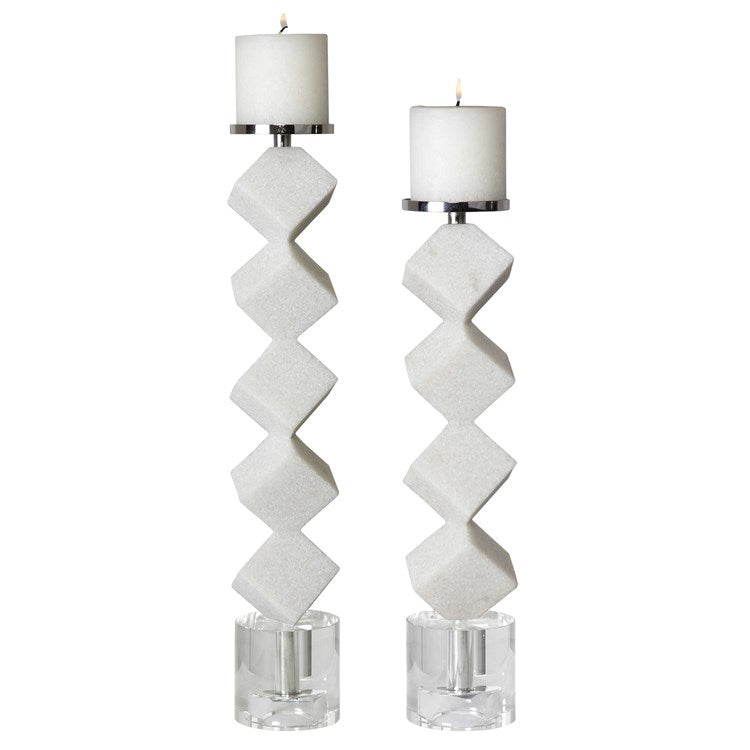 Uttermost Casen Sculptural Ivory Stone and Crystal Set of 2 Candle Holders ~ Candles Included - Image 3