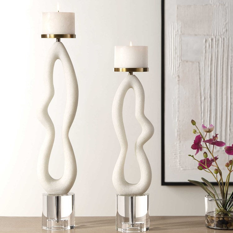 Uttermost Feamelo Sculptural Ivory Stone and Crystal Set of 2 Candle Holders ~ Candles Included - Image 1