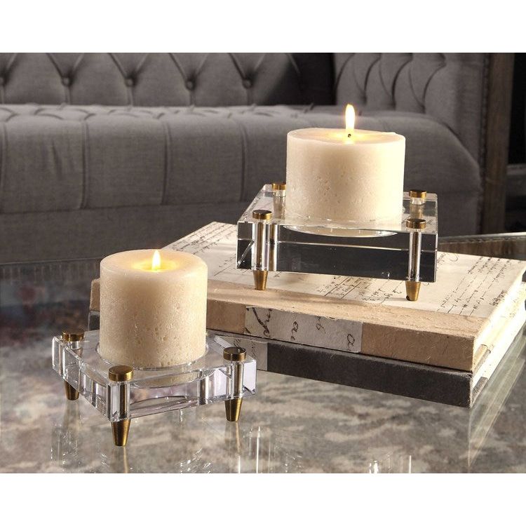 Uttermost Claire Crystal Blocks and Brass Set of 2 Candle Holders ~ Candles Included - Image 3