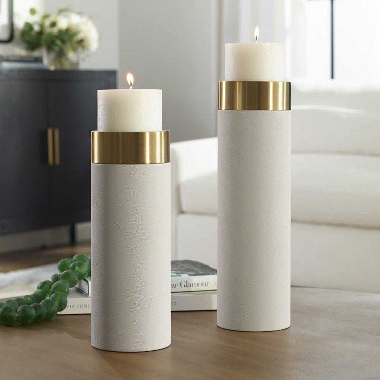 Uttermost Wessex White Faux Shagreen and Antiqued Brushed Brass Set of 2 Candle Holders ~ Candles Included - Image 1