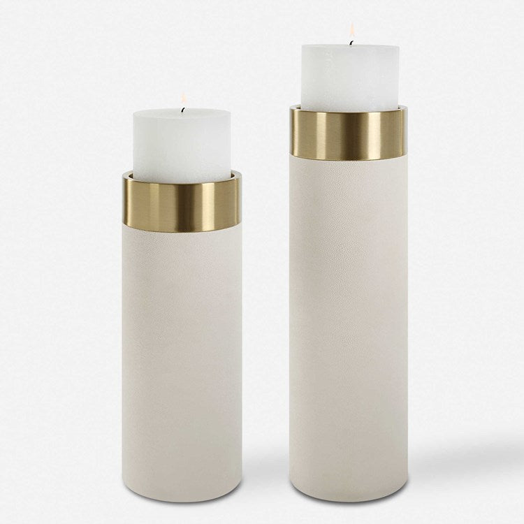 Uttermost Wessex White Faux Shagreen and Antiqued Brushed Brass Set of 2 Candle Holders ~ Candles Included - Image 2