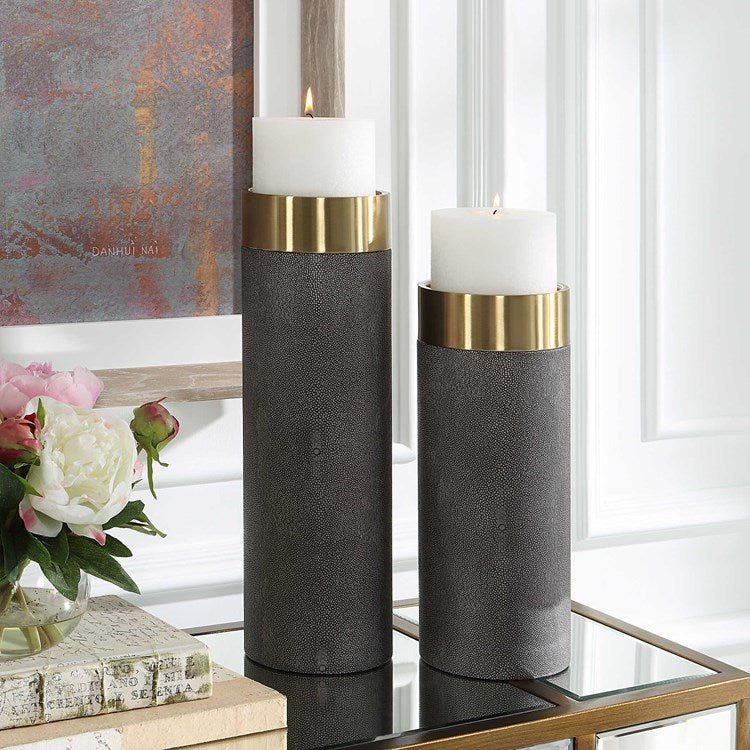 Uttermost Wessex Gray Faux Shagreen and Antiqued Brushed Brass Set of 2 Candle Holders ~ Candles Included - Image 1