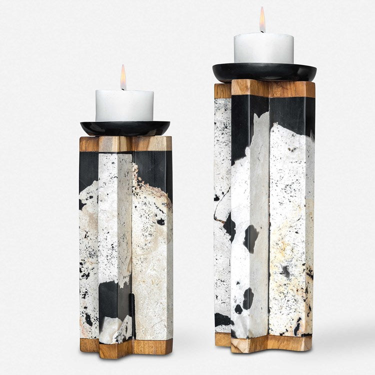 Uttermost Illini Natural Stone, Teak Wood and Aged Black Set of 2 Candle Holders ~ Candles Included - Image 1