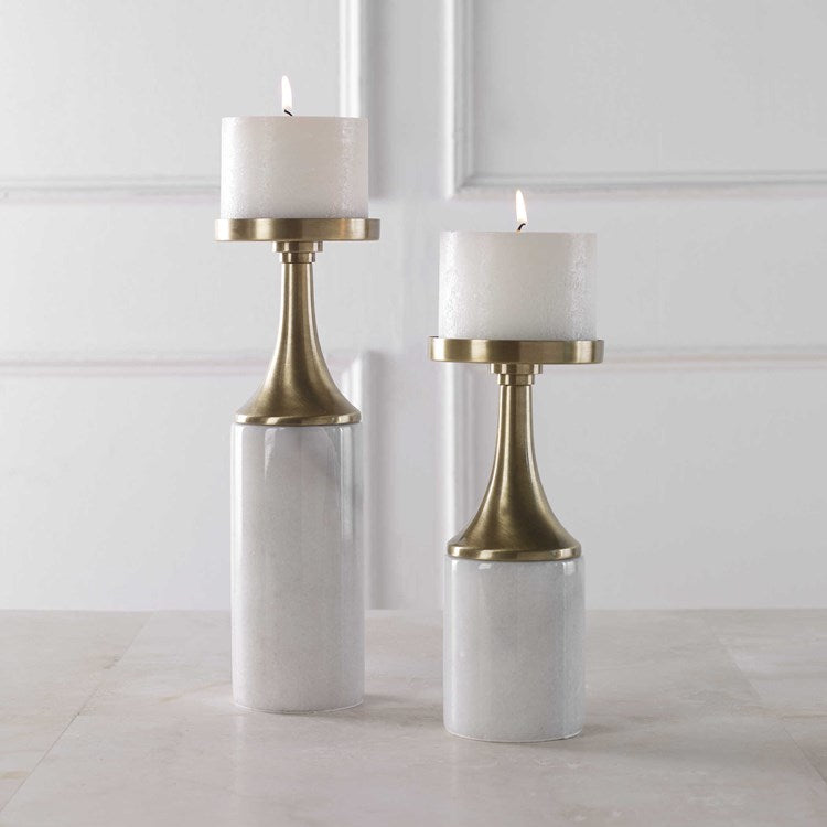 Uttermost Castiel White Marble and Antiqued Brushed Brass Set of 2 Candle Holders ~ Candles Included - Image 1