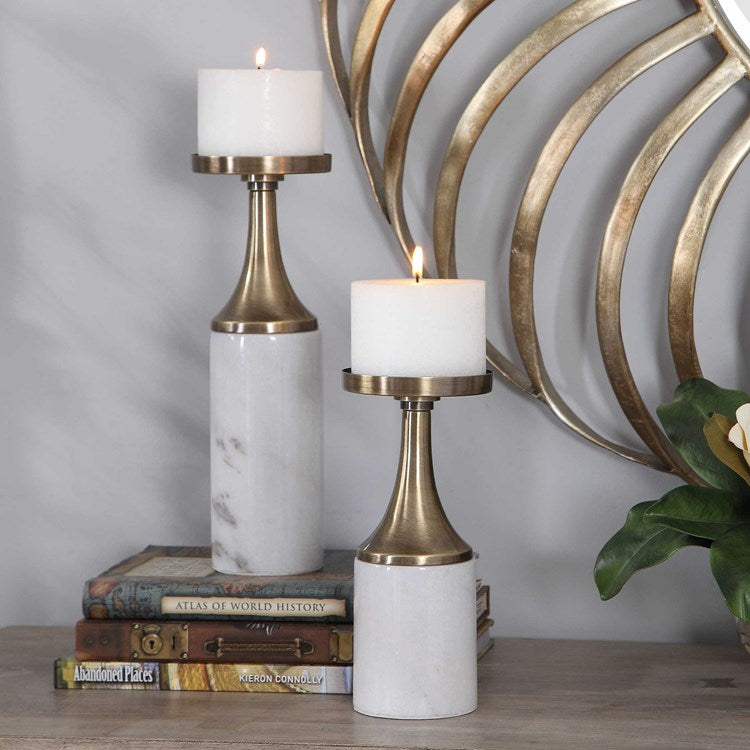 Uttermost Castiel White Marble and Antiqued Brushed Brass Set of 2 Candle Holders ~ Candles Included - Image 3