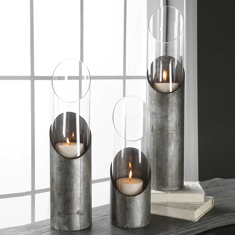 Uttermost Karter Iron and Glass Cylinder Set of 3 Candle Holders ~ Candles Included - Image 1