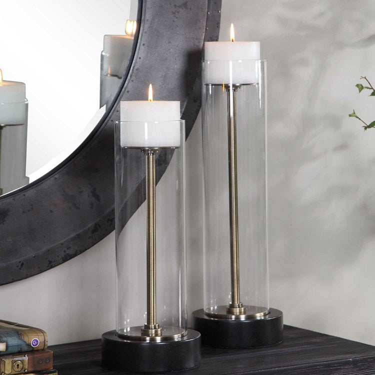 Uttermost Charvi Aged Brass and Glass Hurricane Set of 2 Candle Holders ~ Candles Included - Image 1
