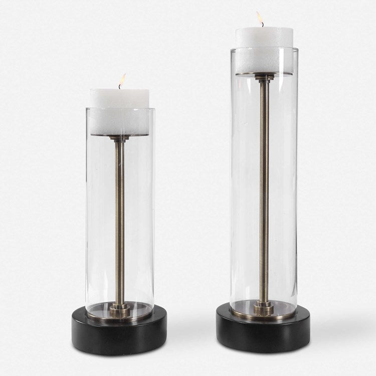 Uttermost Charvi Aged Brass and Glass Hurricane Set of 2 Candle Holders ~ Candles Included - Image 2