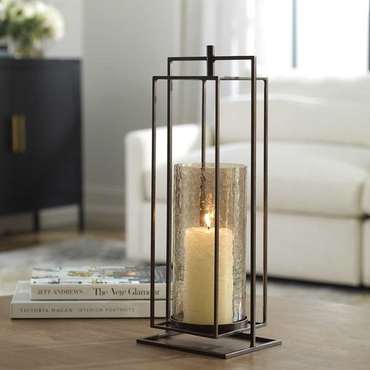 Uttermost Wenman Bronze Iron and Textured Glass Lantern Candleholder ~ Candle Included - Image 1