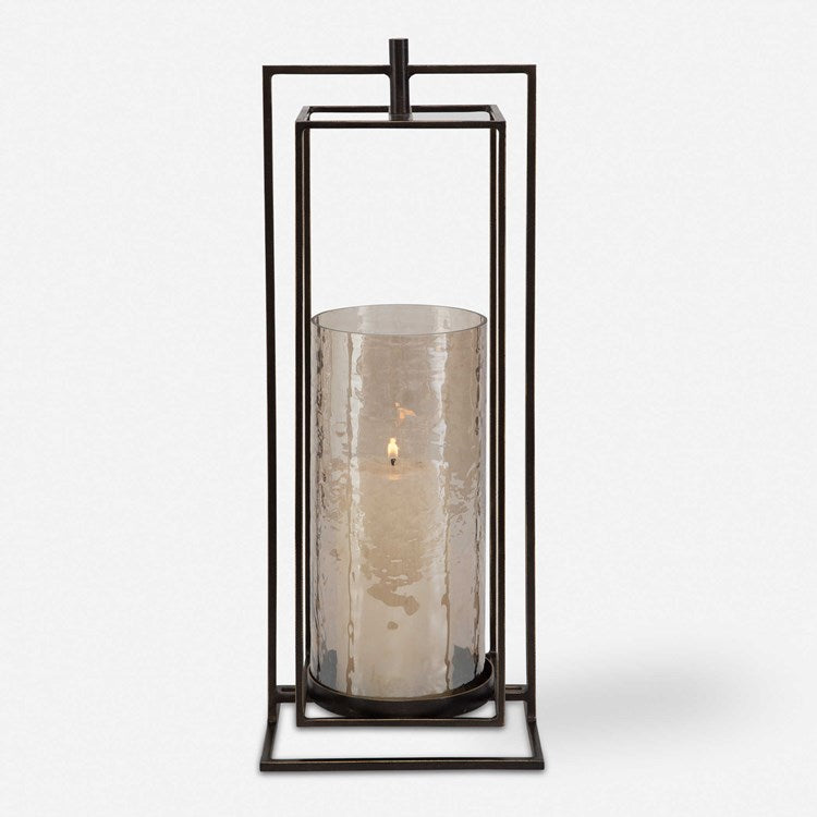 Uttermost Wenman Bronze Iron and Textured Glass Lantern Candleholder ~ Candle Included - Image 2