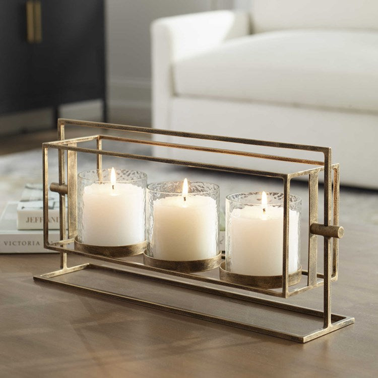 Uttermost Wenman Gold Iron and Textured Glass Triple Candleholder ~ Candles Included - Image 1