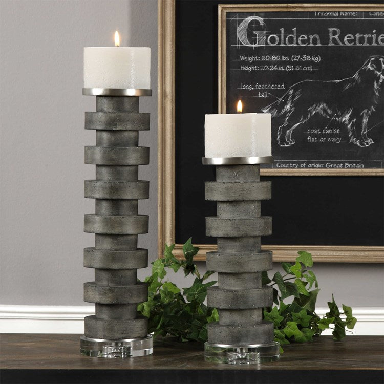 Uttermost Karun Charcoal Concrete and Crystal Set of 2 Candle Holders ~ Candles Included - Image 2
