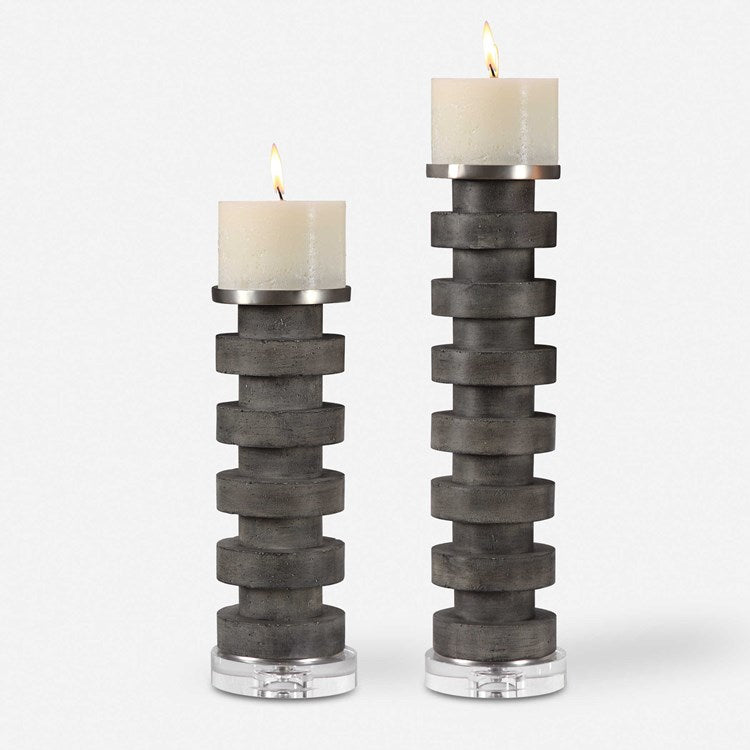 Uttermost Karun Charcoal Concrete and Crystal Set of 2 Candle Holders ~ Candles Included - Image 1