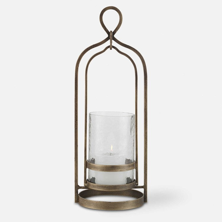 Uttermost Shepherd Aged Brass and Textured Glass Hurricane Candleholder ~ Candle Included - Image 3