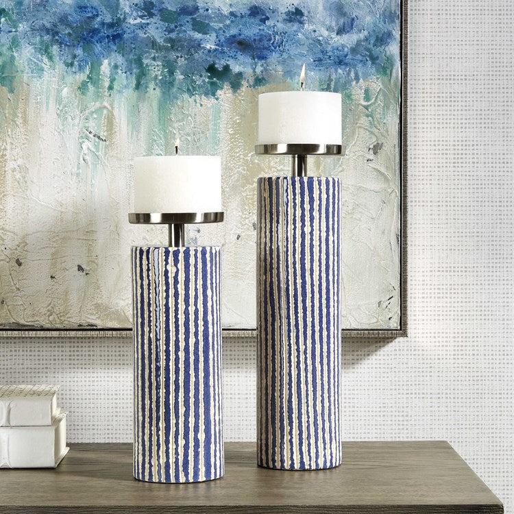 Uttermost Havana Ivory and Colbalt Blue Glaze Set of 2 Candle Holders  ~ Candles Included - Image 1