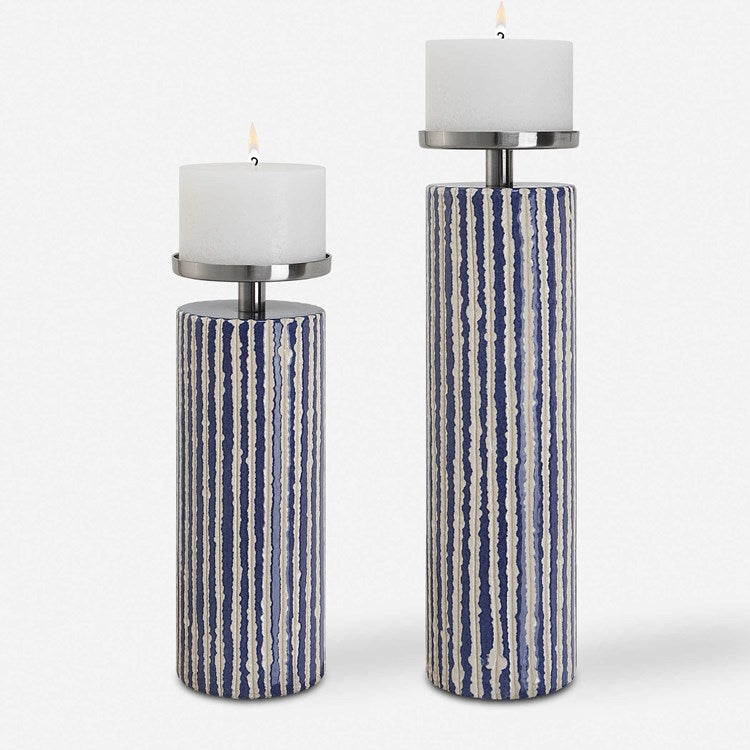 Uttermost Havana Ivory and Colbalt Blue Glaze Set of 2 Candle Holders  ~ Candles Included - Image 2