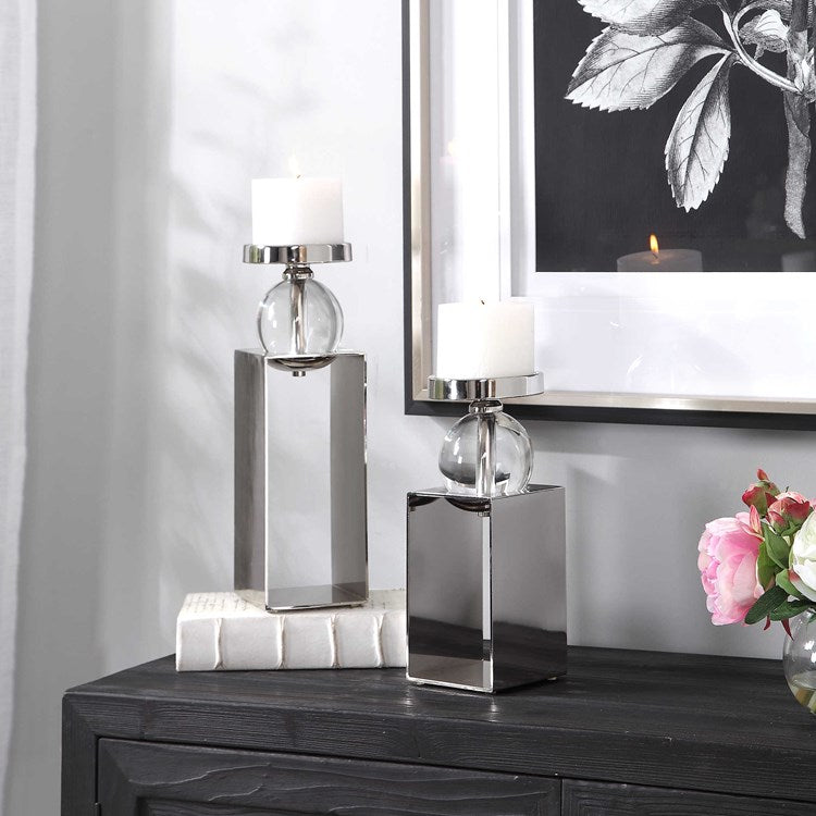 Uttermost Lucian Polished Nickel and Crystal Set of 2 Candle Holders ~ Candles Included - Image 1