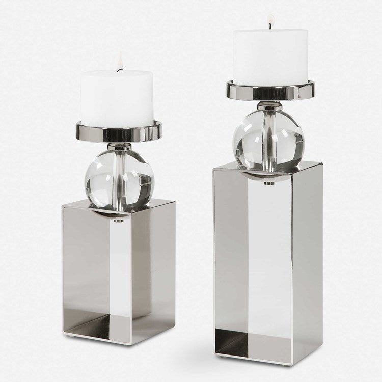Uttermost Lucian Polished Nickel and Crystal Set of 2 Candle Holders ~ Candles Included - Image 2