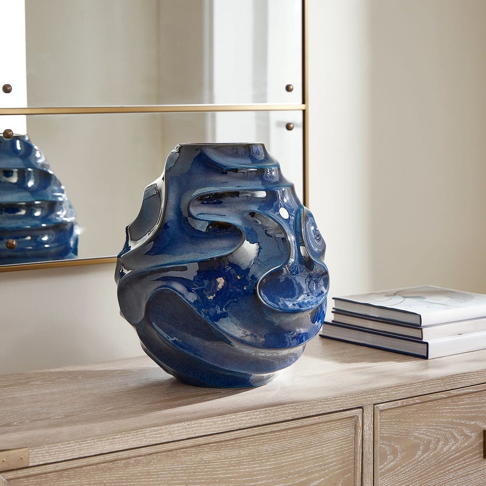Uttermost Helix Blue Glaze Swirl Vase ~ Indoor And Outdoor Use - Image 1