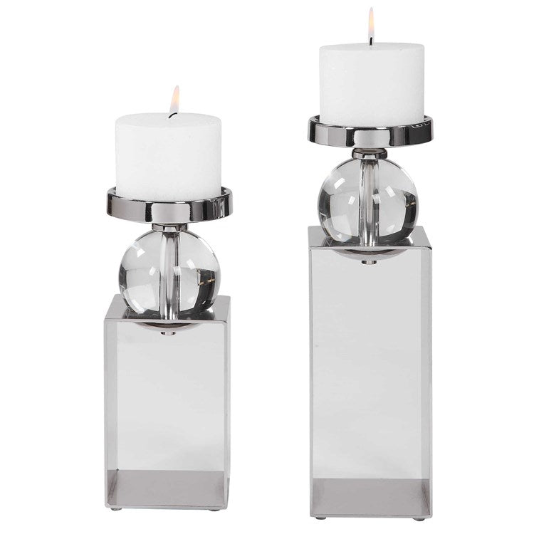 Uttermost Lucian Polished Nickel and Crystal Set of 2 Candle Holders ~ Candles Included - Image 3