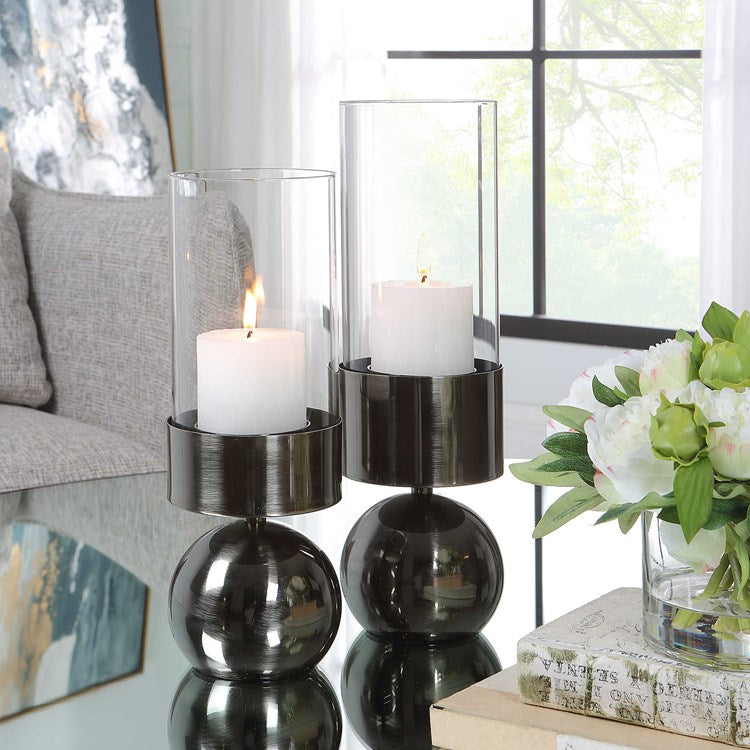 Uttermost Tilston Polished Gunmetal and Glass Set of 2 Candle Holders ~ Candles Included - Image 1