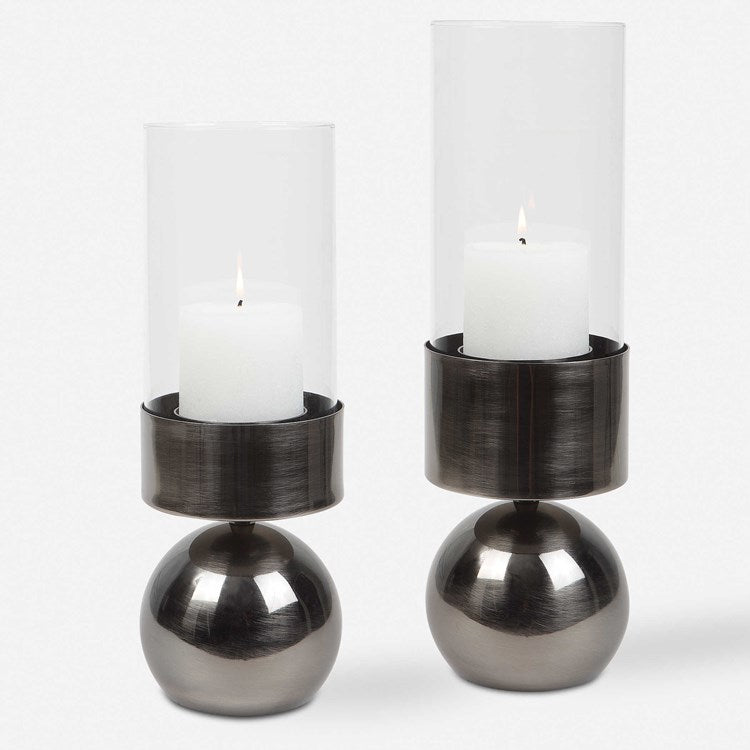 Uttermost Tilston Polished Gunmetal and Glass Set of 2 Candle Holders ~ Candles Included - Image 2