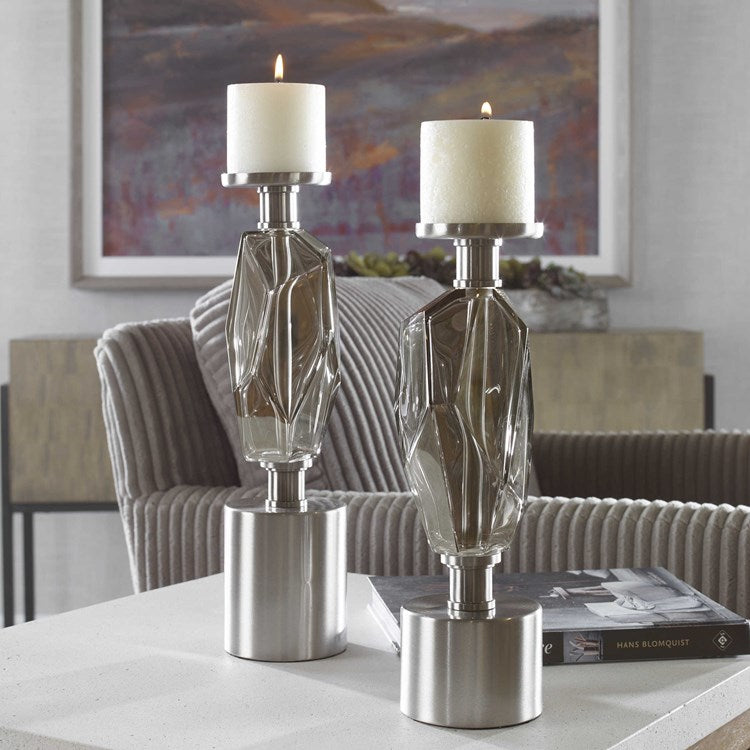 Uttermost Ore Brushed Nickel and Silver Glass Contemporary Set of 2 Candle Holders ~ Candles Included - Image 1