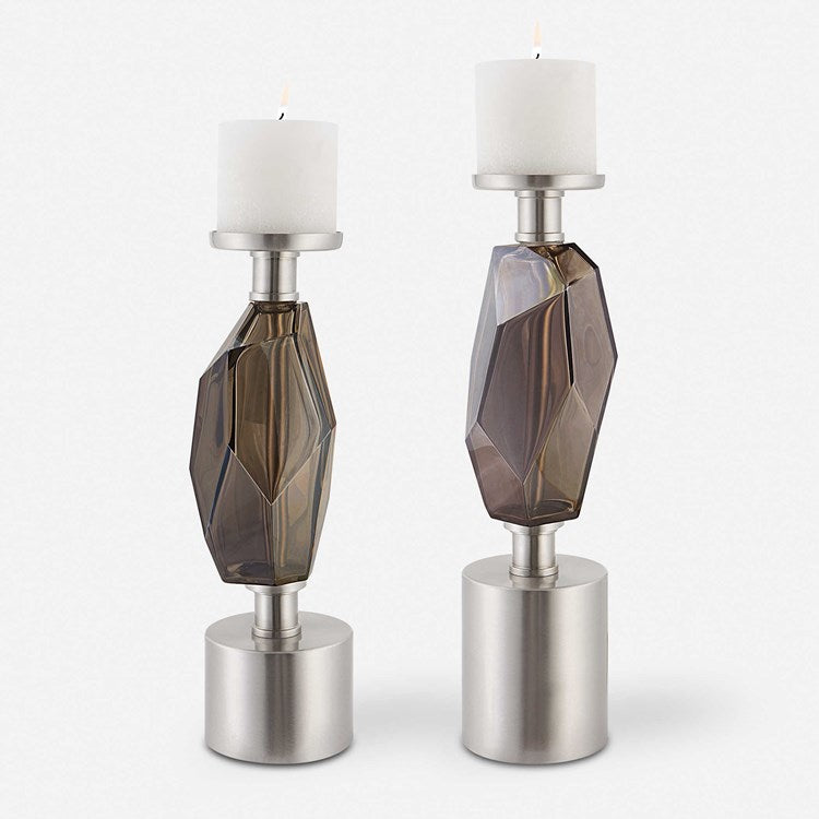 Uttermost Ore Brushed Nickel and Silver Glass Contemporary Set of 2 Candle Holders ~ Candles Included - Image 2
