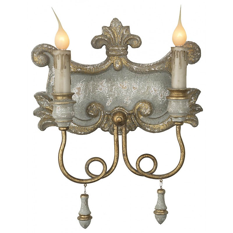 Provence Home Distressed Slate Blue & Gold Carved Wood Set of 2 Wall Sconces - Image 3