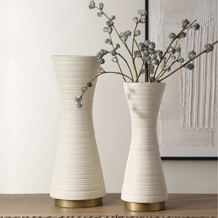 Uttermost Ridgeline White Textured Ceramic With Gold Metal Base Set of 2 Vases - Image 1