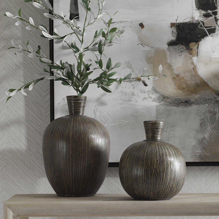 Uttermost Islander Natural Bamboo and Washed Black Terracotta Set of 2 Vases - Image 1