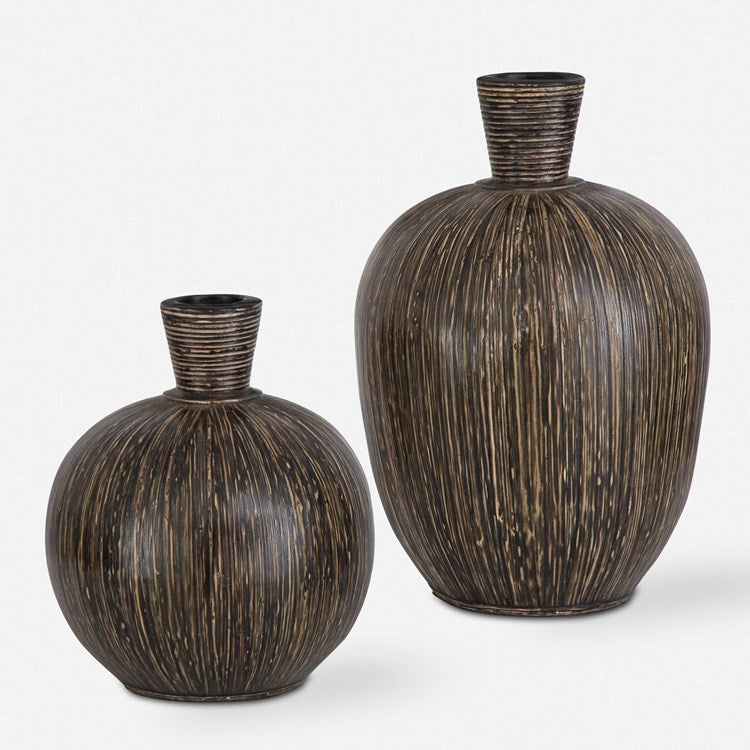 Uttermost Islander Natural Bamboo and Washed Black Terracotta Set of 2 Vases - Image 2