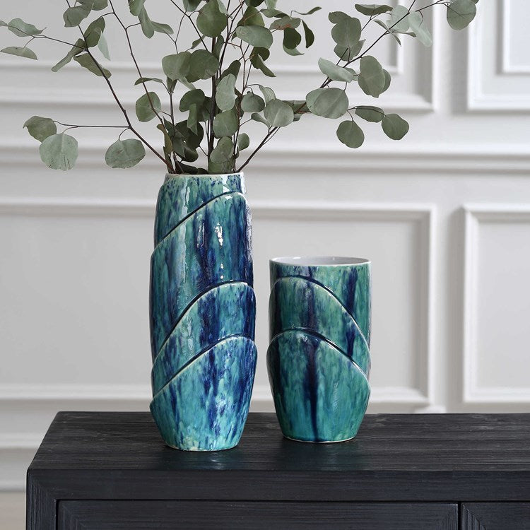 Uttermost Tranquil Duo Blue and Green Reactive Glaze Ceramic Set of 2 Vases - Image 1