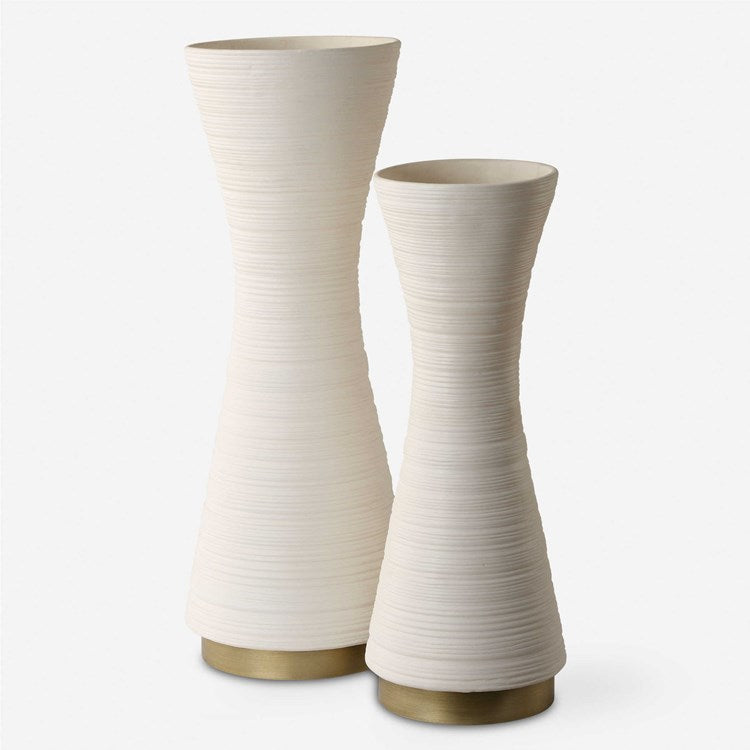Uttermost Ridgeline White Textured Ceramic With Gold Metal Base Set of 2 Vases - Image 2