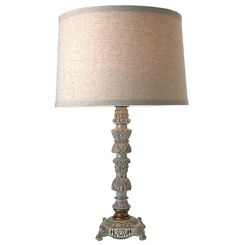 Provence Home Distressed Beige Metal Table Lamp with Linen Shade - Image 1