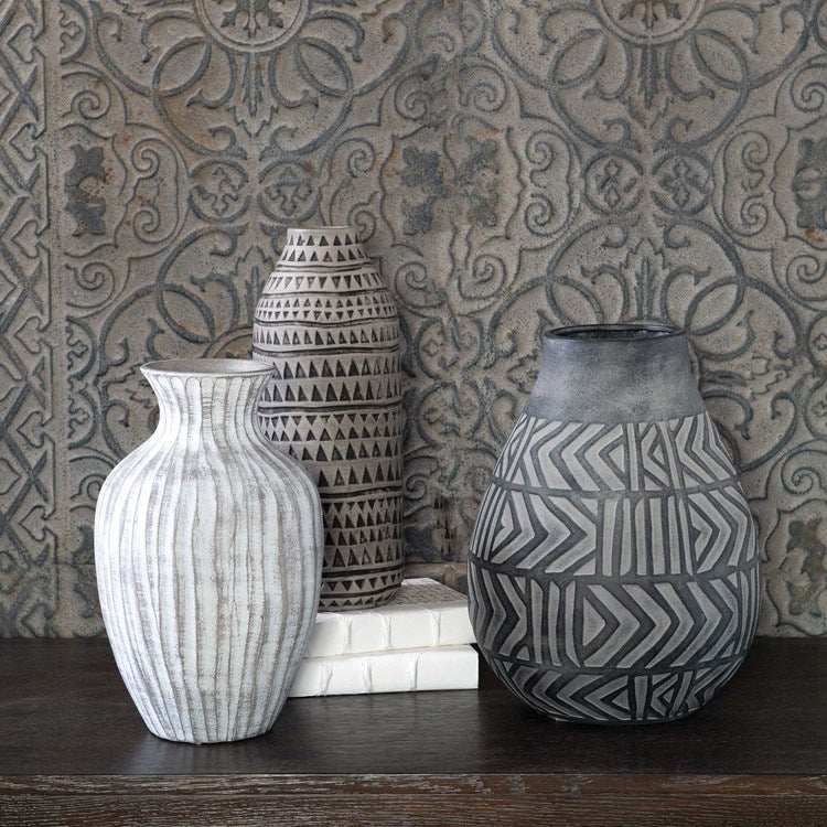 Uttermost Natchez Light Gray, Charcoal and Beige Etched Earthenware Set of 3 Vases - Image 3
