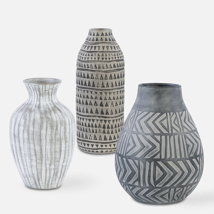 Uttermost Natchez Light Gray, Charcoal and Beige Etched Earthenware Set of 3 Vases - Image 1