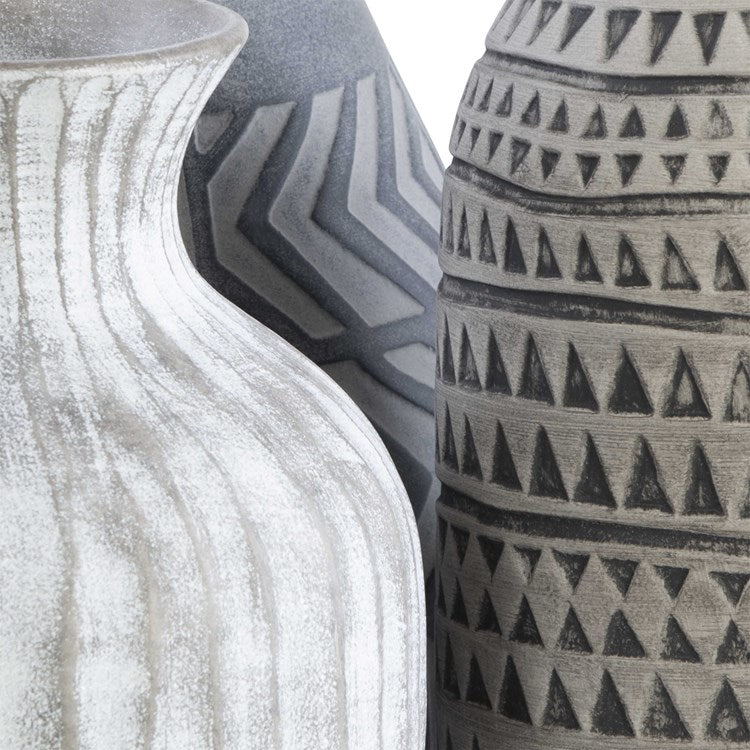 Uttermost Natchez Light Gray, Charcoal and Beige Etched Earthenware Set of 3 Vases - Image 2