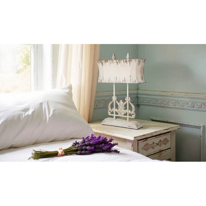 Provence Home Distressed Cream Metal Table Lamp with Linen Shade - Image 1