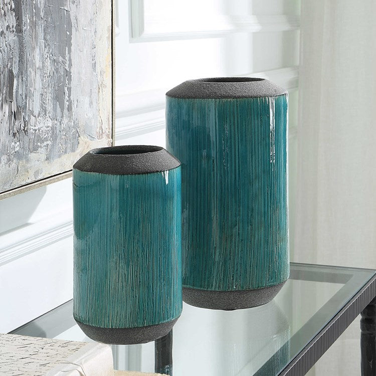 Uttermost Maui Aqua Blue Glaze Ceramic Set of 2 Vases - Image 1