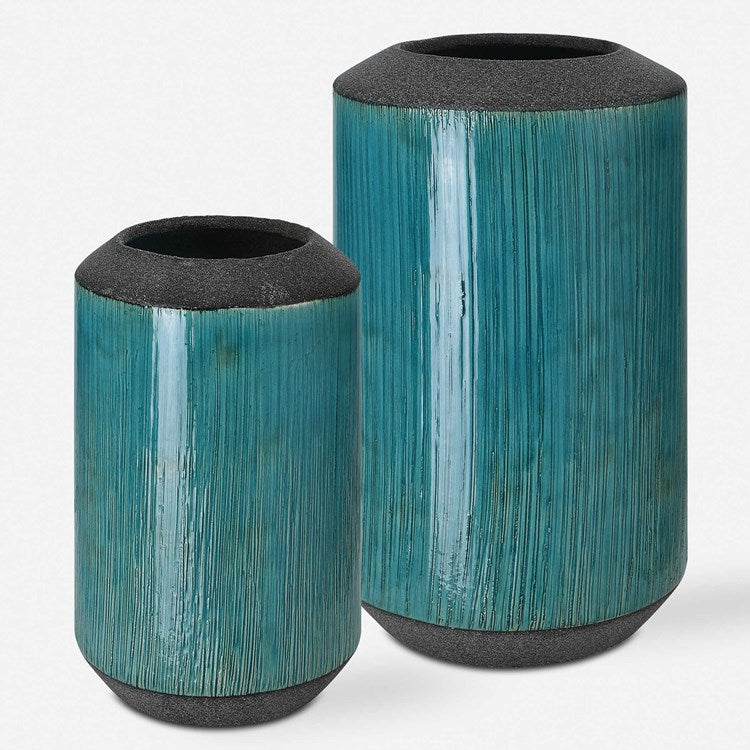 Uttermost Maui Aqua Blue Glaze Ceramic Set of 2 Vases - Image 2