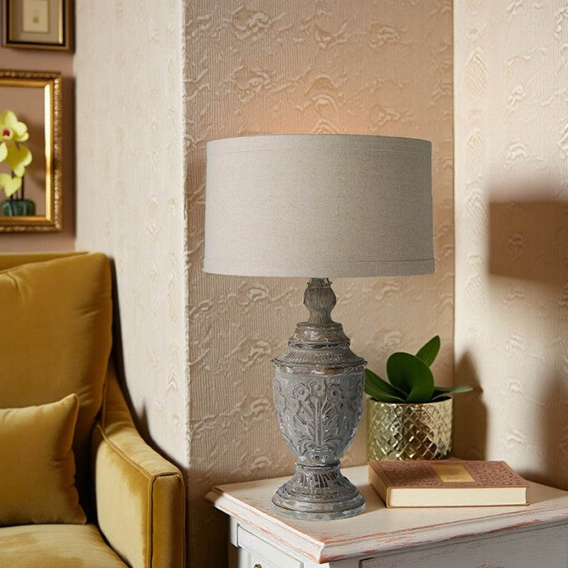 Provence Home Distressed Antique Charcoal Carved Wood Table Lamp with Linen Shade - Image 1